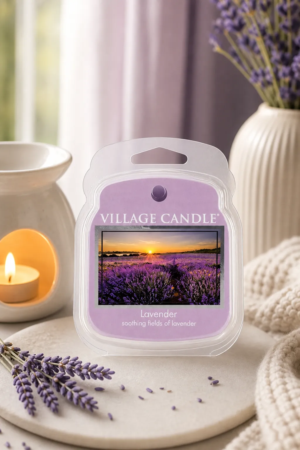 Village Candle Lavender Duftwachs auf Ablage neben brennender Kerze und Lavendelzweigen