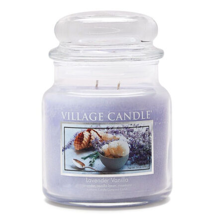 Lavender Vanilla Kerze im transparenten Glas mit Etikett und Deckel