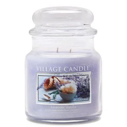 Lavender Vanilla Kerze im transparenten Glas mit Etikett und Deckel