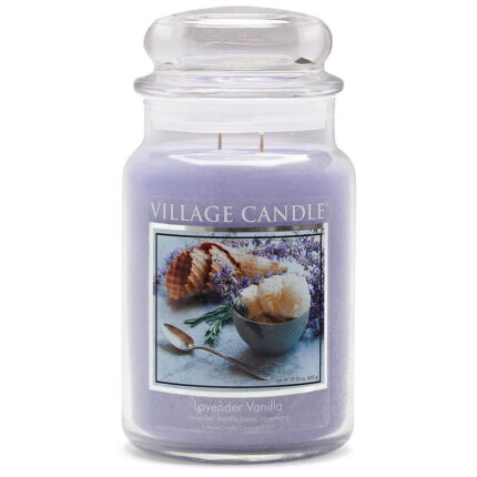 Lavender-Vanille-Kerze im Glas mit sichtbarem Etikett