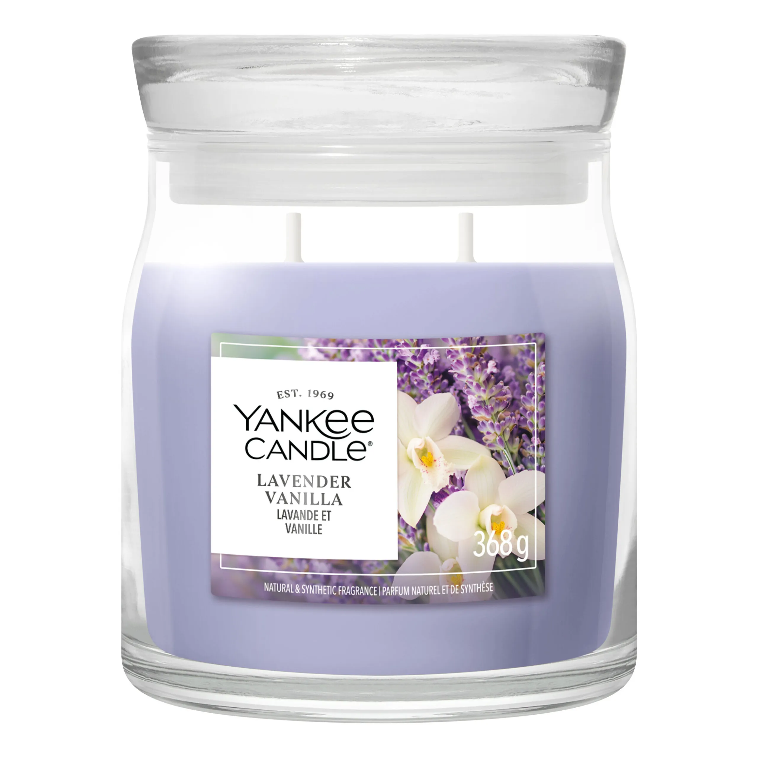 Lavender Vanilla Kerze Lavender Vanilla Duftkerze im Glas mit sichtbaren zwei Dochten und Etikett