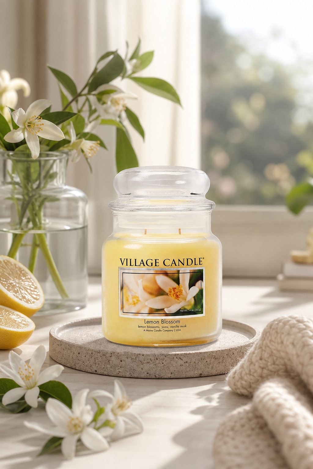 Village Candle Lemon Blossom Kerze steht auf einem Tisch vor einem Fenster