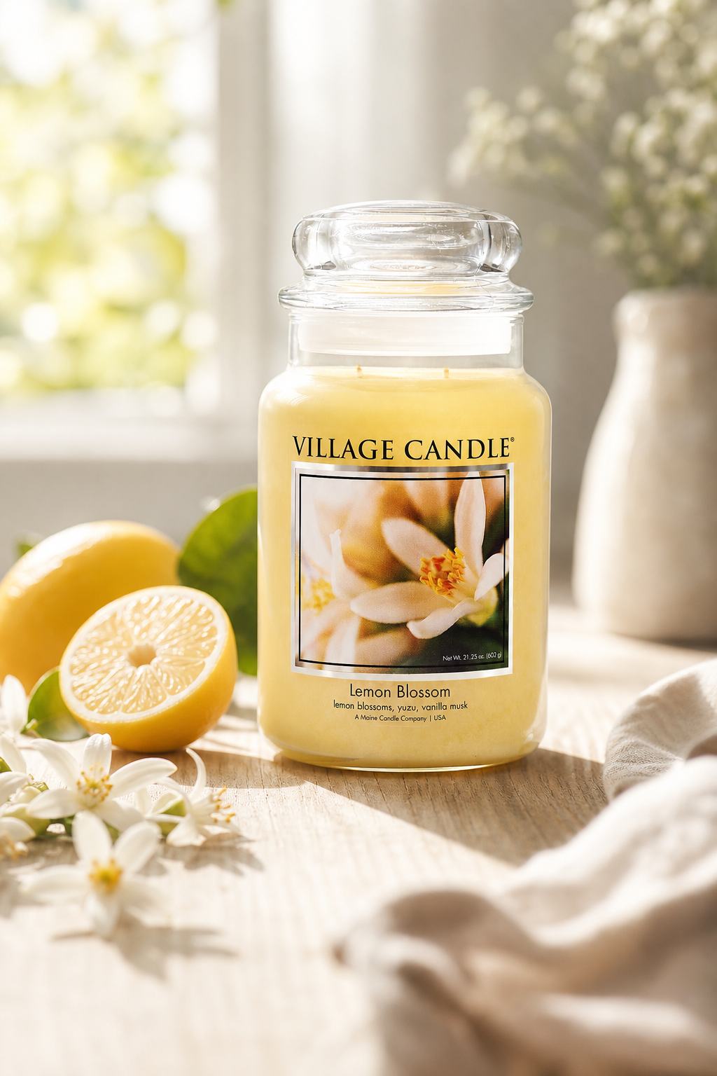 Village Candle Lemon Blossom Kerze auf Holztisch neben Zitrusfrüchten