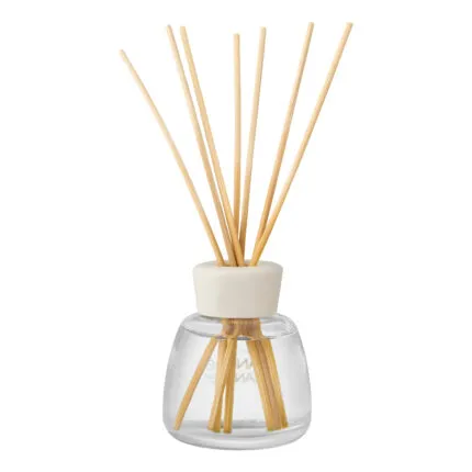 Nahaufnahme eines Reed Diffusers mit Glasflakon und Duftstäbchen