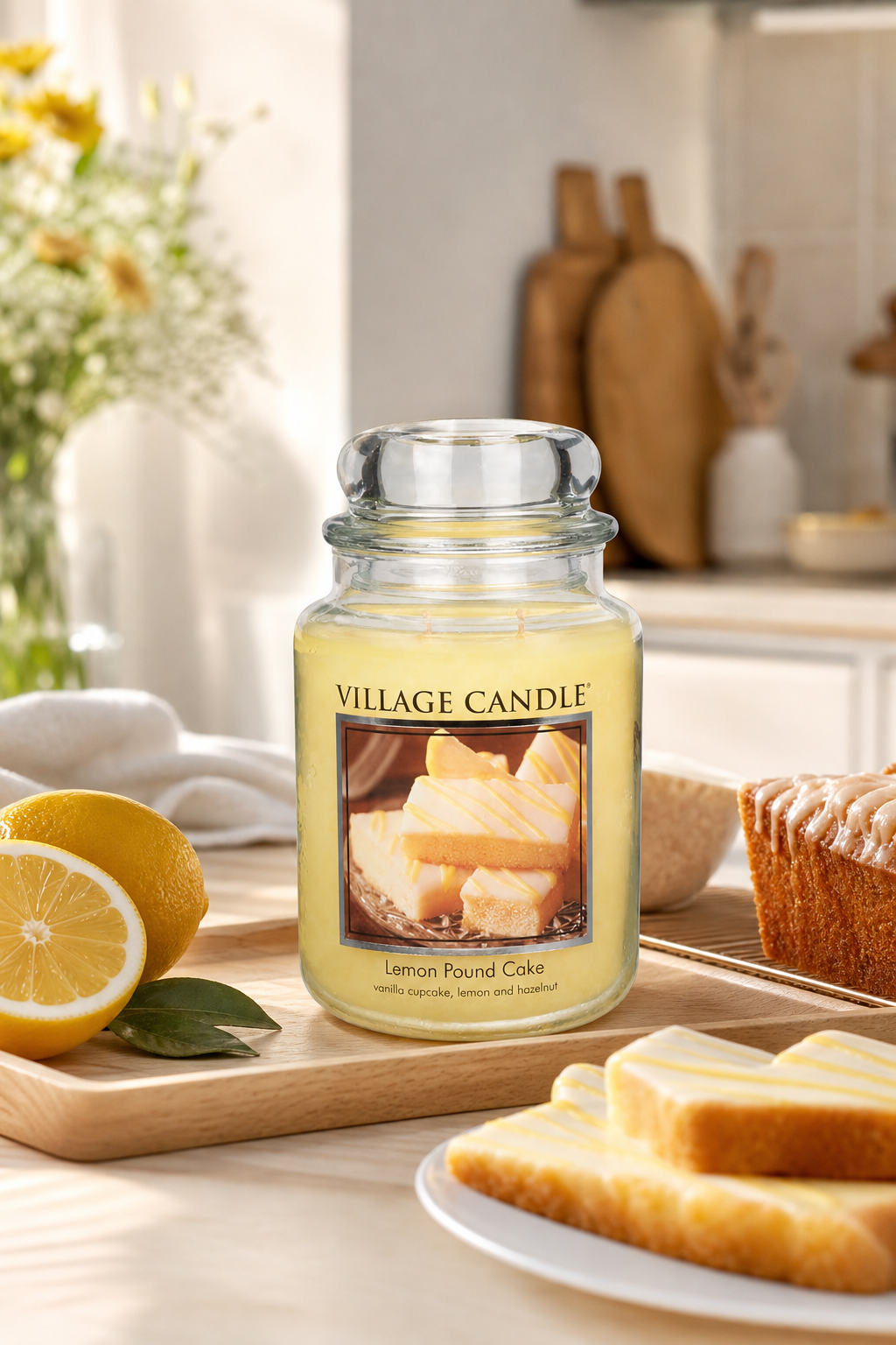 Lemon Pound Cake Kerze auf Holzbrett neben Zitronen und Kuchen