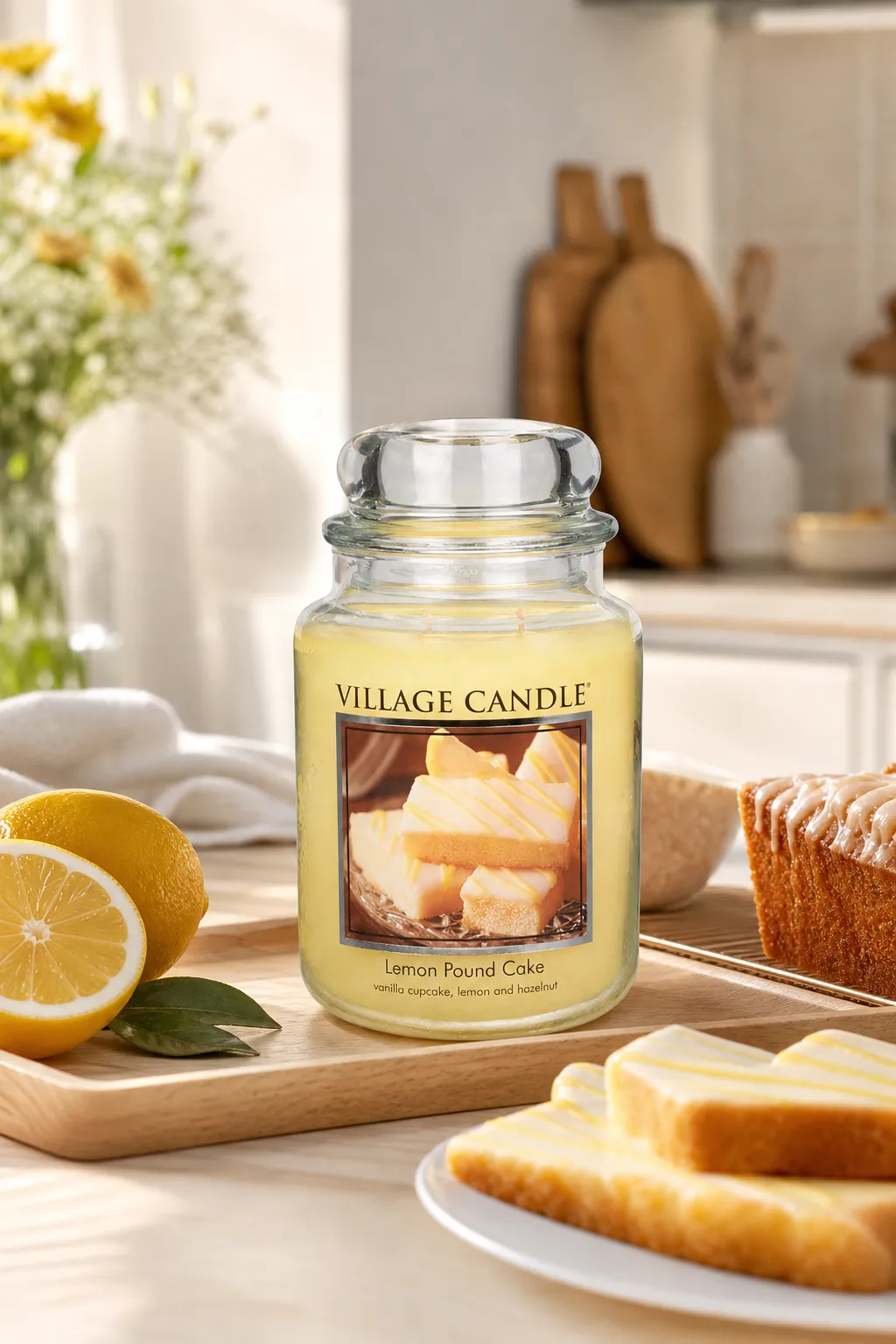 Lemon Pound Cake Kerze auf Holzbrett neben Zitronen und Kuchen