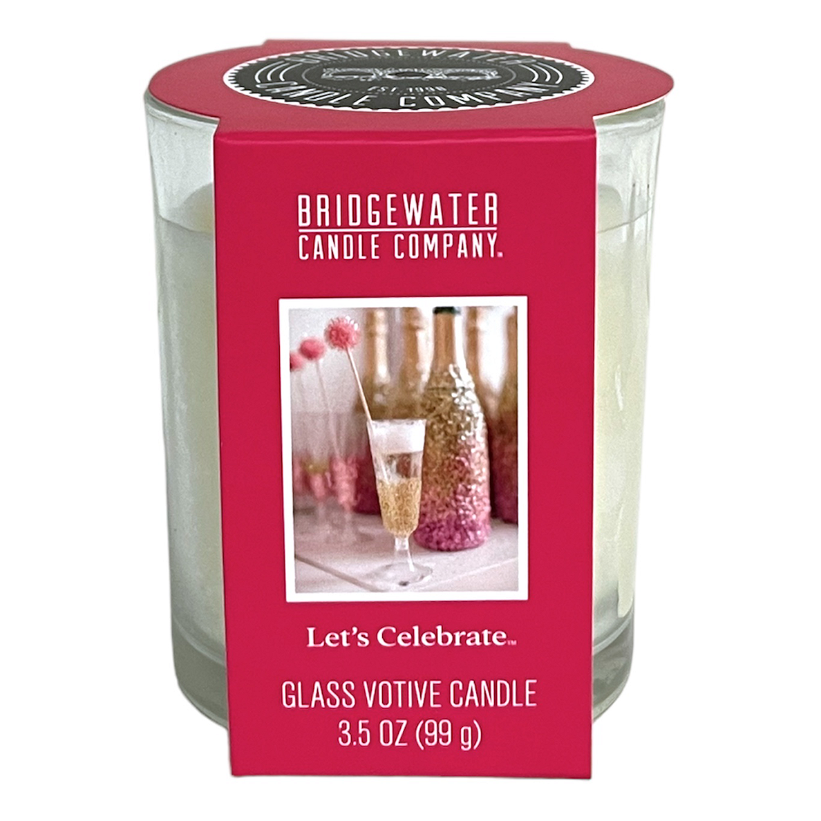 Let’s Celebrate Glasvotivkerze 99 g Bridgewater Glasvotivkerze mit rotem Etikett und sichtbarer Gewichtsangabe 99 g