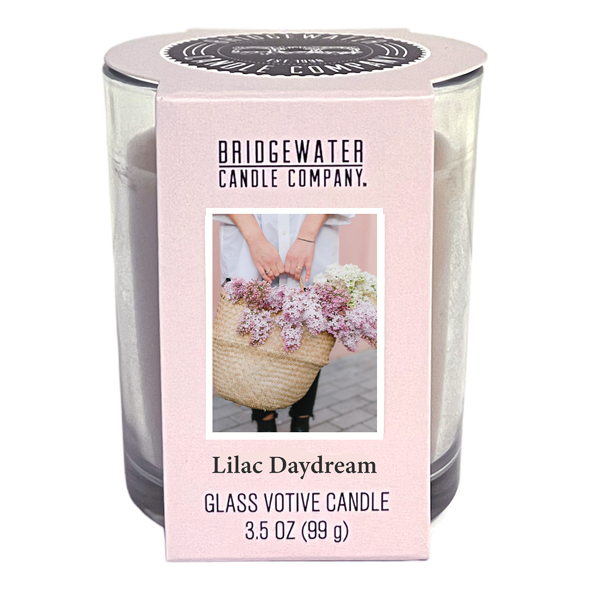 Bridgewater Lilac Daydream Kerze Verpackte Lilac Daydream Glasvotivkerze mit Blumenfoto und Produktetikett
