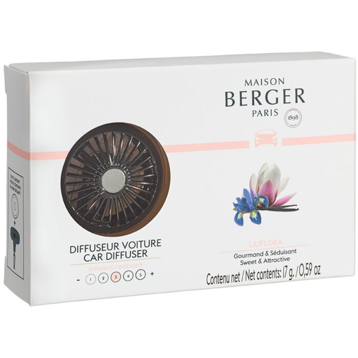 Verpackung des Maison Berger Autodufts Liliflora mit Blumenabbildung