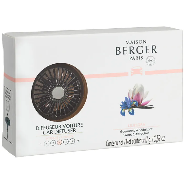 Verpackung des Maison Berger Autodufts Liliflora mit Blumenabbildung