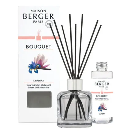 Liliflora Diffuser mit schwarzen Stäbchen, Verpackung und Nachfüllflasche