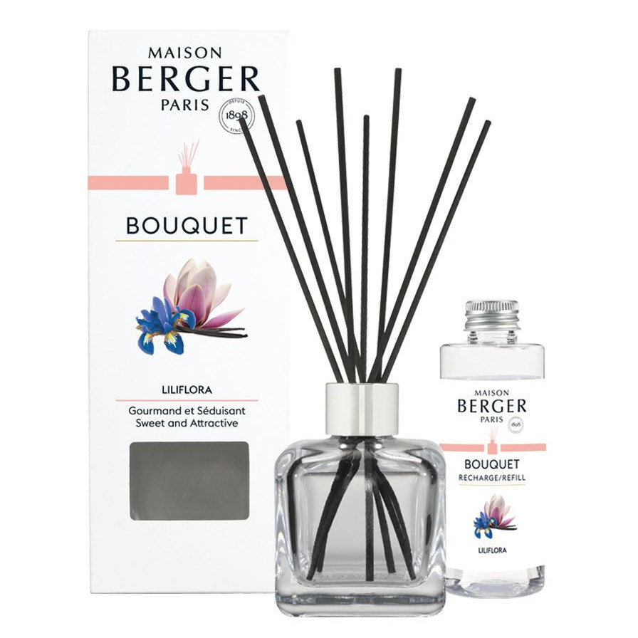 Diffuser mit Nachfüllflasche Liliflora Diffuser mit schwarzen Stäbchen, Verpackung und Nachfüllflasche