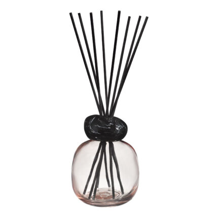 Nahaufnahme des Raumduft-Diffusers mit rundem Glasgefäß und aufgefächerten schwarzen Duftstäbchen