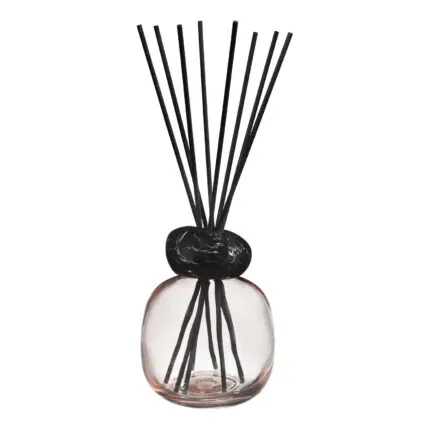 Nahaufnahme des Raumduft-Diffusers mit rundem Glasgefäß und aufgefächerten schwarzen Duftstäbchen