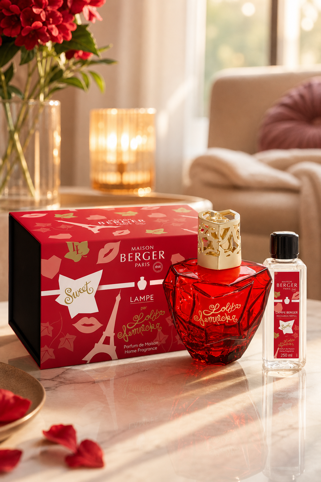 Lolita Lempicka Sweet Lampenset, 250ml, Rot in einer stimmungsvollen Anwendungsszene