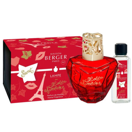 Rote Maison Berger Lampe mit Nachfüllflasche und Verpackung