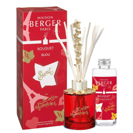 Maison Berger Sweet Diffuser mit roten Flakon, Verpackung und Nachfüllflasche