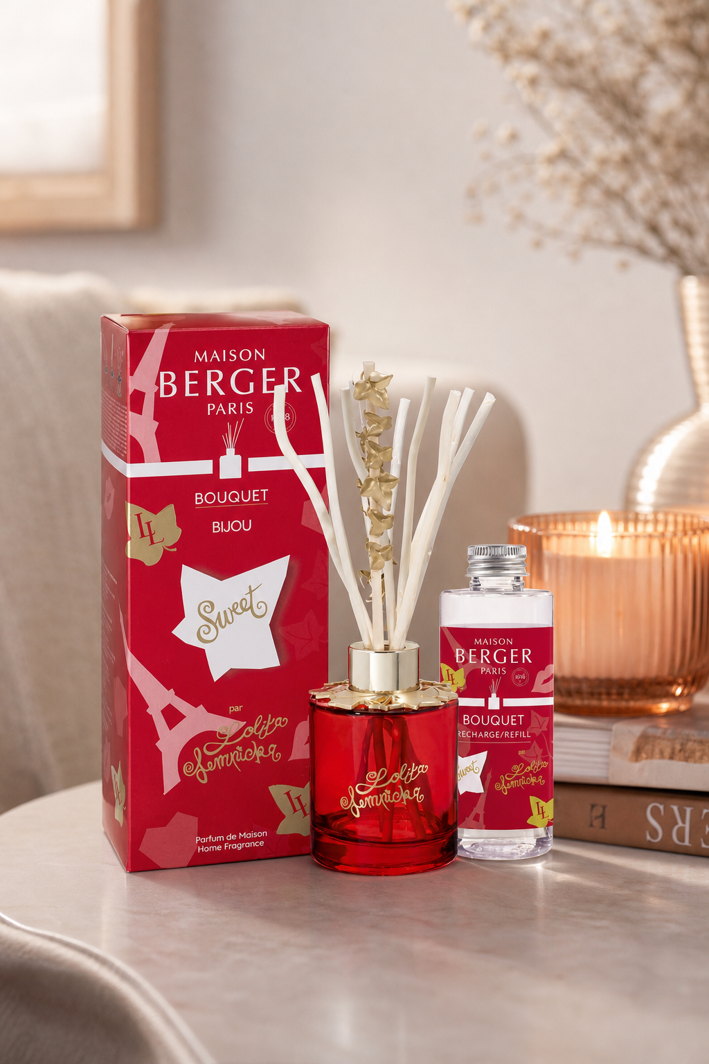 Maison Berger Sweet Diffuser mit Verpackung und Nachfüllflasche auf einem Tisch