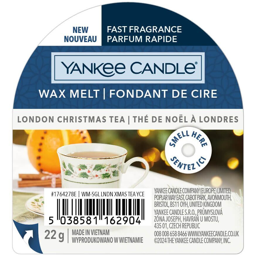 London Christmas Tea Wachsmelt Verpackung Vorderseite der Yankee Candle London Christmas Tea Wax Melt Verpackung