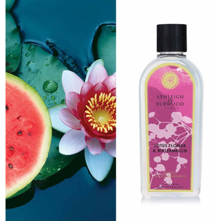 Ashleigh & Burwood Duftöllflasche mit Lotusblüte und Wassermelone neben Blütenmotiv