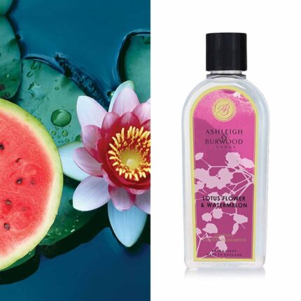 Flasche Ashleigh & Burwood Lotus Flower & Watermelon neben Wassermelone und Lotusblüte