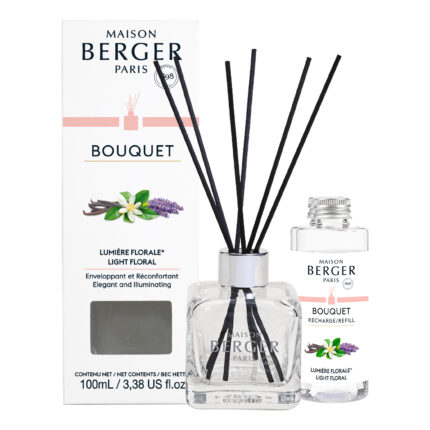 Maison Berger Diffuser mit schwarzen Duftstäbchen, Verpackung und Nachfüllflasche