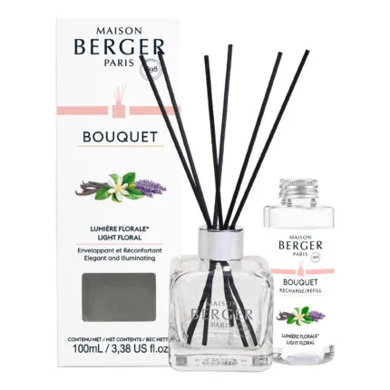 Maison Berger Diffuser mit schwarzen Duftstäbchen, Verpackung und Nachfüllflasche