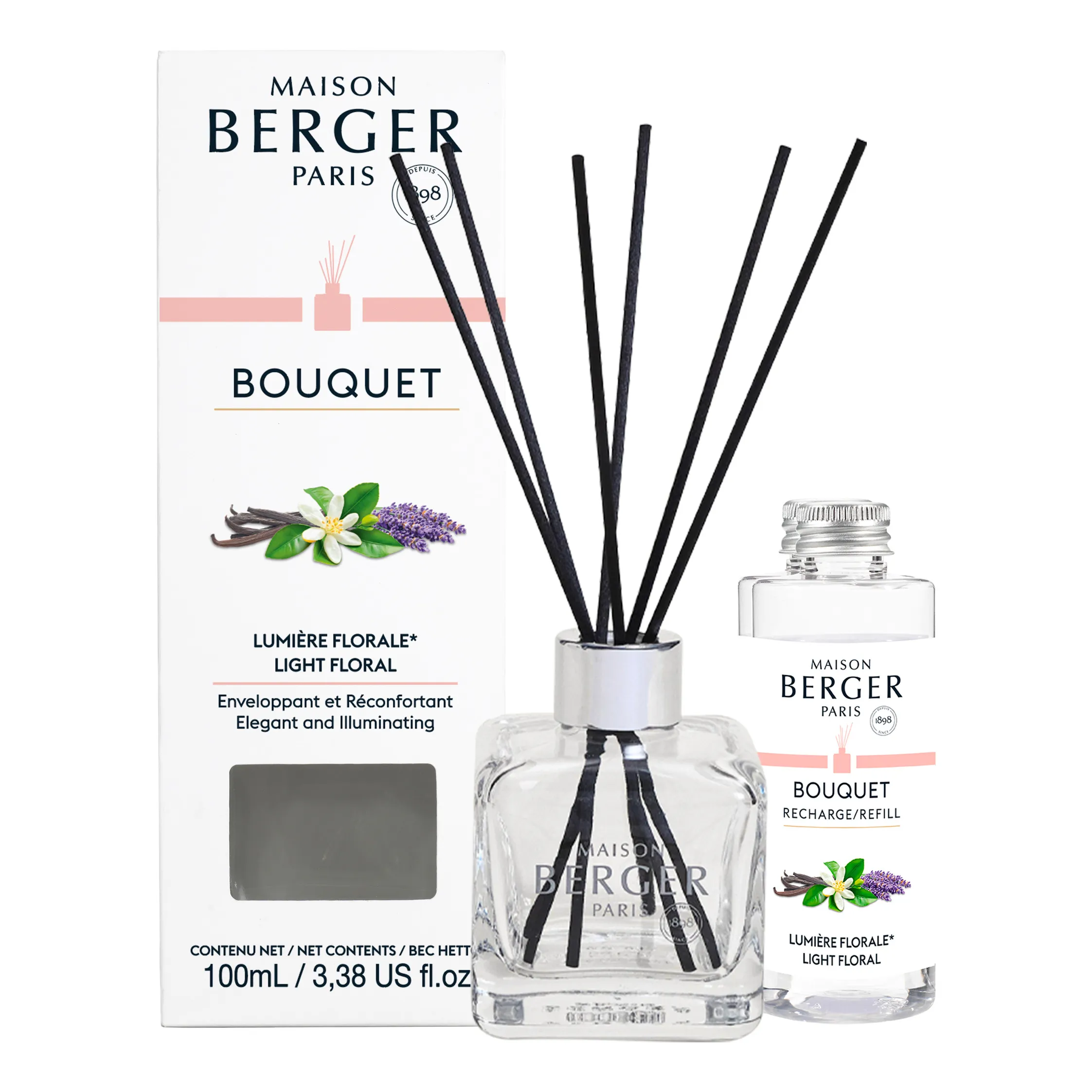 Diffuser-Set mit Nachfüllflasche Maison Berger Diffuser mit schwarzen Duftstäbchen, Verpackung und Nachfüllflasche