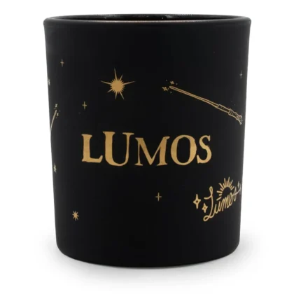 Schwarze Lumos Duftkerze mit goldener Schrift und Sternmotiven