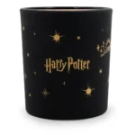 Schwarze Harry-Potter-Duftkerze mit goldener Schrift und Sternmotiven