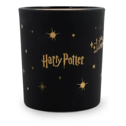 Schwarze Harry-Potter-Duftkerze mit goldener Schrift und Sternmotiven