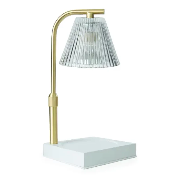 Luna Gold Kerzenwärmer Goldfarbener Kerzenwärmer mit geripptem Glasschirm und weißem Sockel