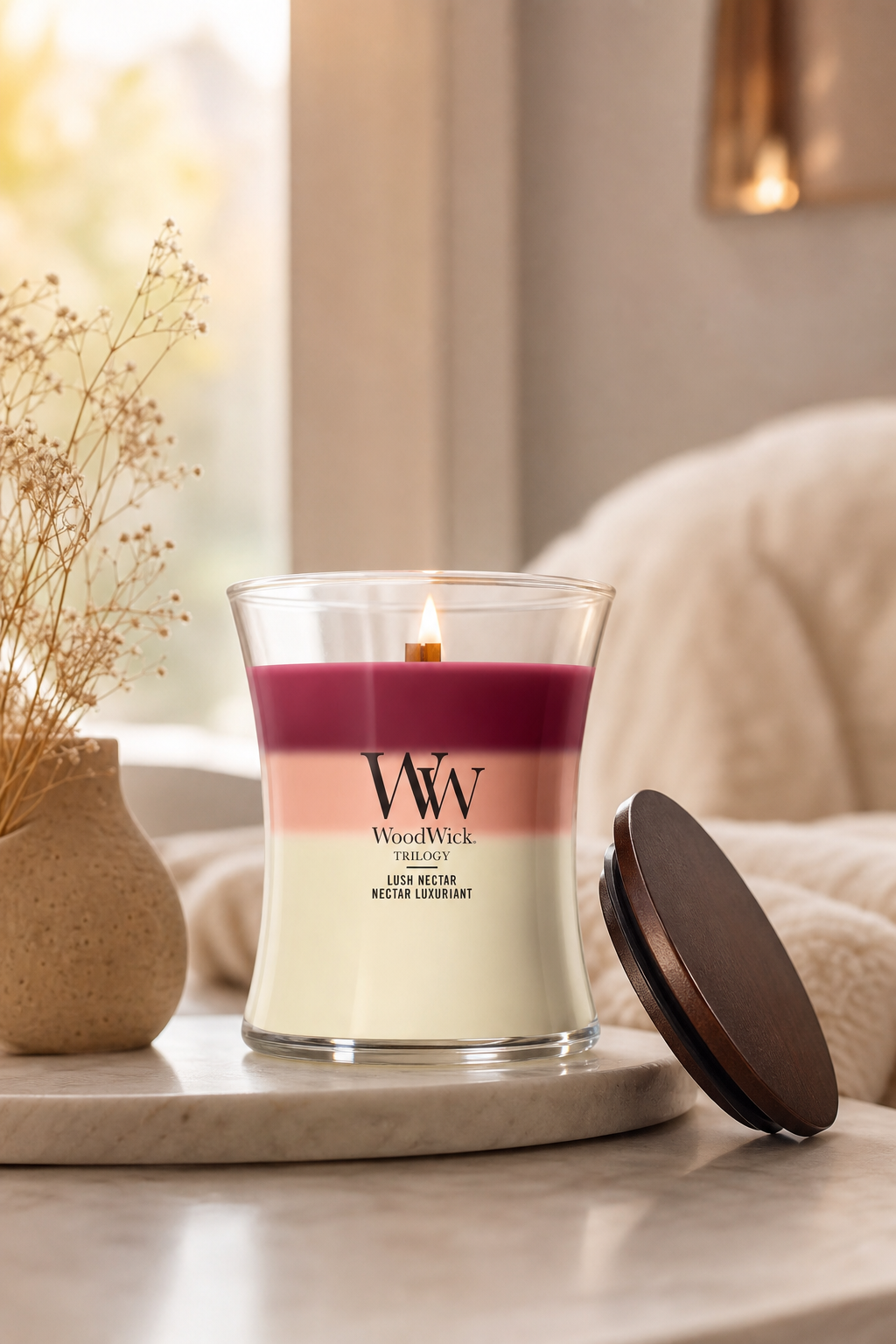Brennende WoodWick Trilogy Lush Nectar Kerze mit abgenommenem Deckel