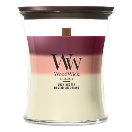 WoodWick Trilogy Lush Nectar Kerze frontal auf weißem Hintergrund