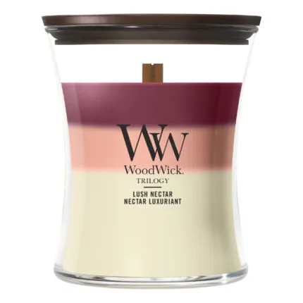 WoodWick Trilogy Lush Nectar Kerze frontal auf weißem Hintergrund