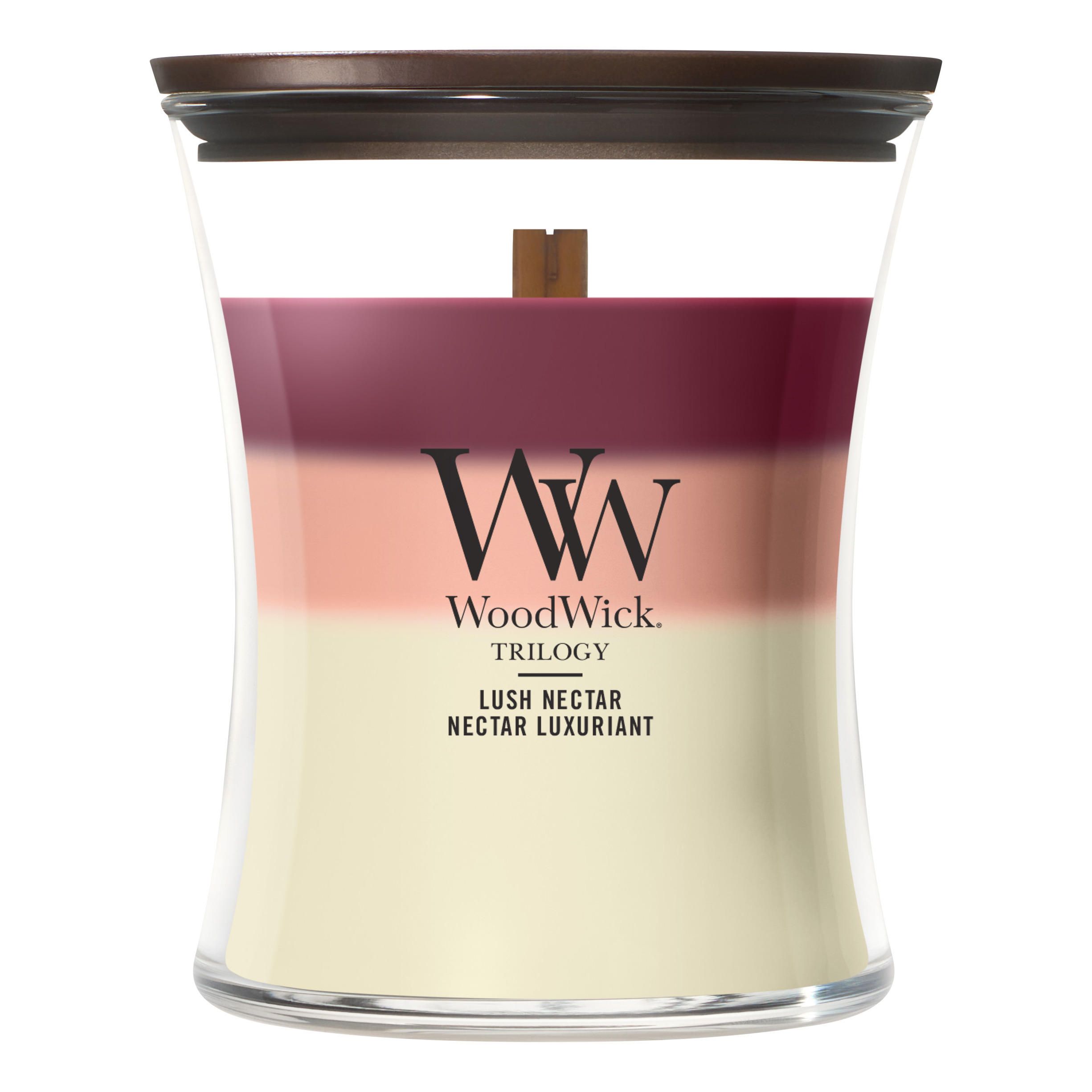 WoodWick Trilogy Lush Nectar Kerze WoodWick Trilogy Lush Nectar Kerze frontal auf weißem Hintergrund