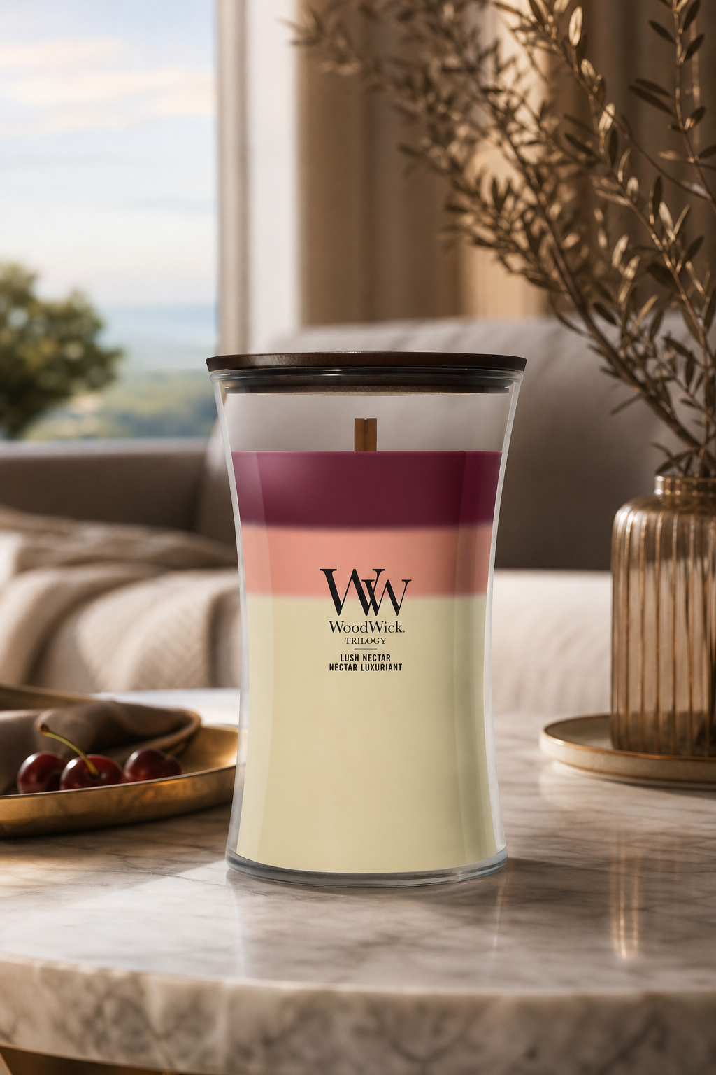 WoodWick Lush Nectar Kerze mit Deckel auf einem Tisch im Wohnraum