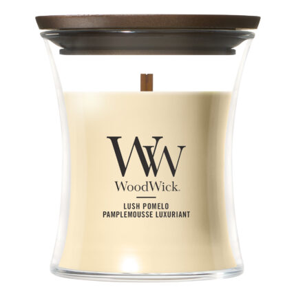 WoodWick Lush Pomelo Kerze mit Deckel vor weißem Hintergrund