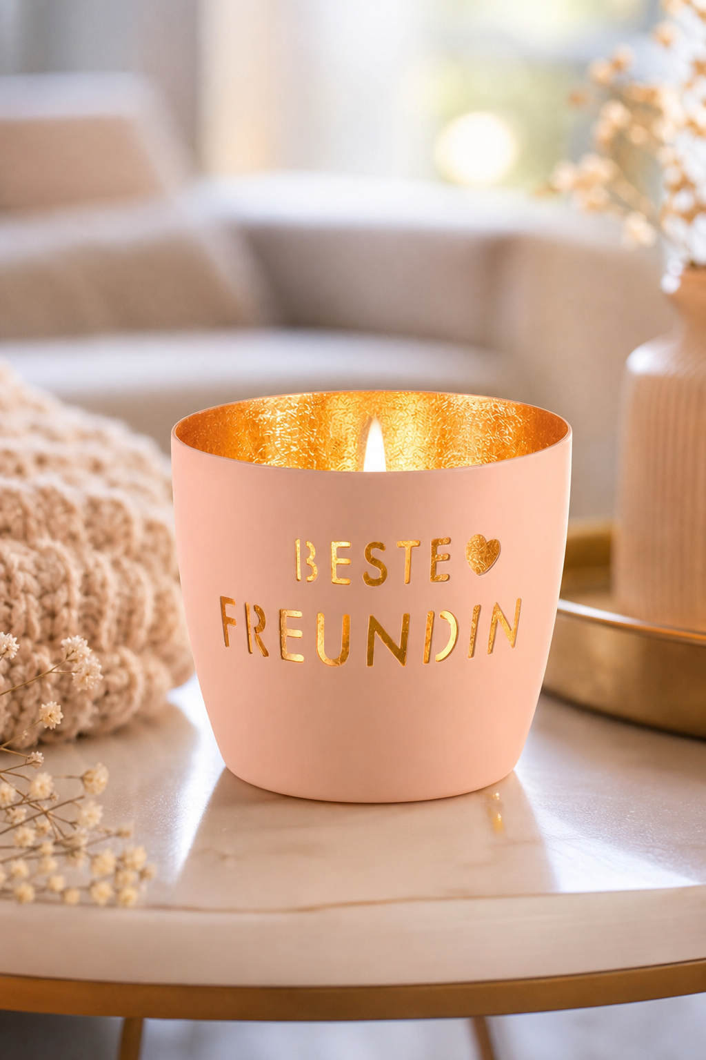 Madras Windlicht M Beste Freundin pastellorange/gold in einer stimmungsvollen Anwendungsszene