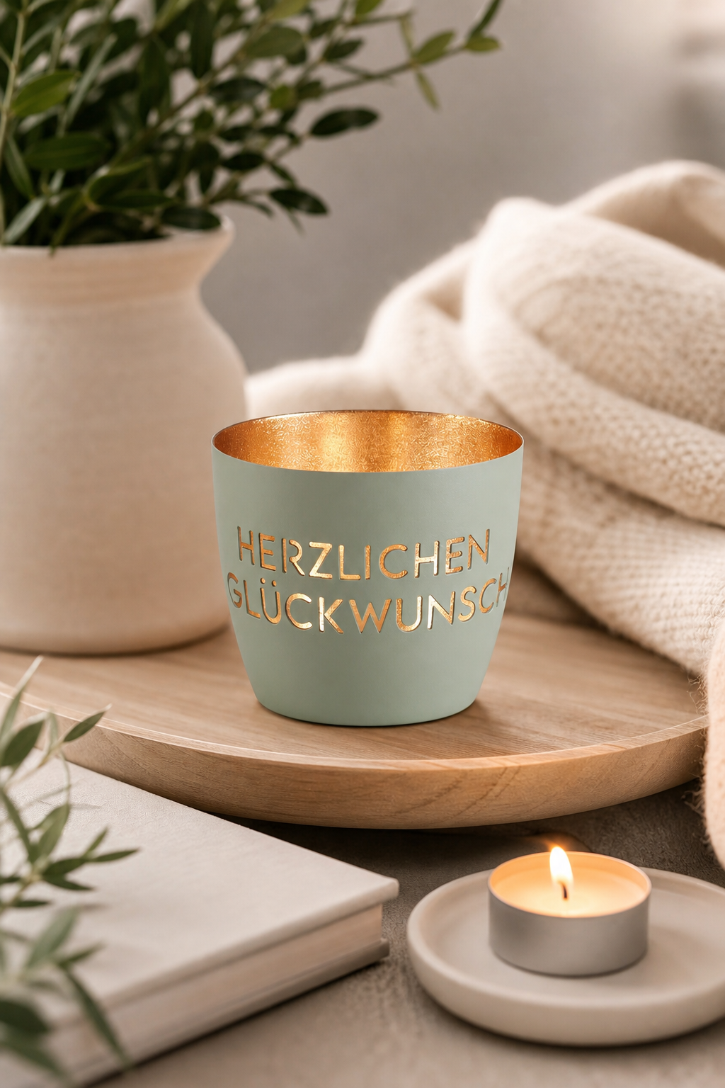 Madras Windlicht M Herzlichen Glückwunsch flanell/gold in einer stimmungsvollen Anwendungsszene