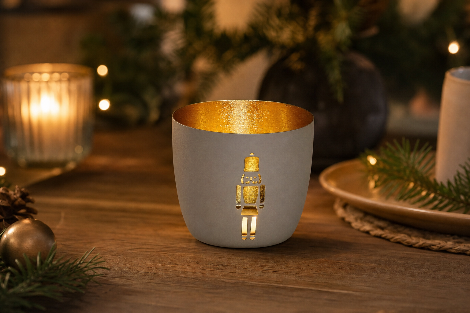 Madras Windlicht M mit Nussknacker Motiv sandstone/gold – Stimmungsbild Madras Windlicht M sandstone/gold – Produktansicht