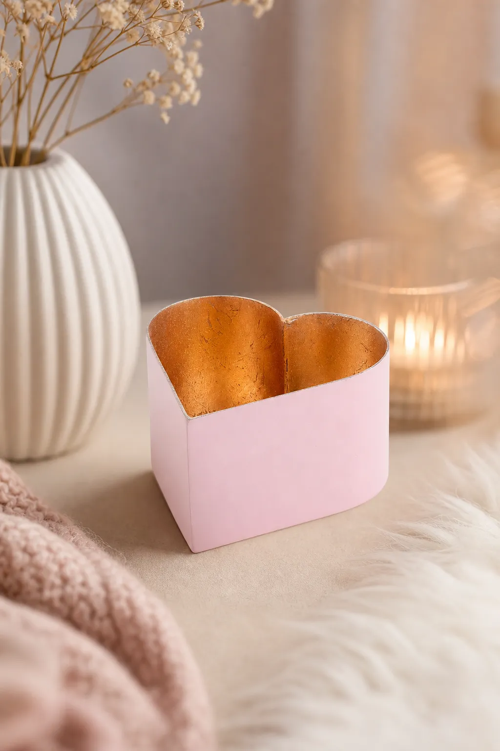 Madras Windlicht S Herz rosé/gold – Stimmungsbild Madras Windlicht S Herz rosé/gold in einer stimmungsvollen Anwendungsszene