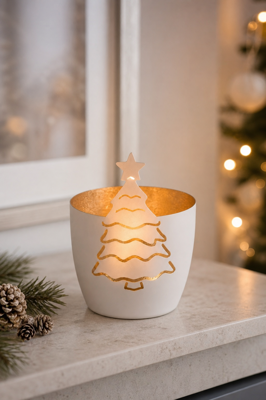 Madras Windlicht Weihnachtsbaum weiß/gold in einer stimmungsvollen Anwendungsszene
