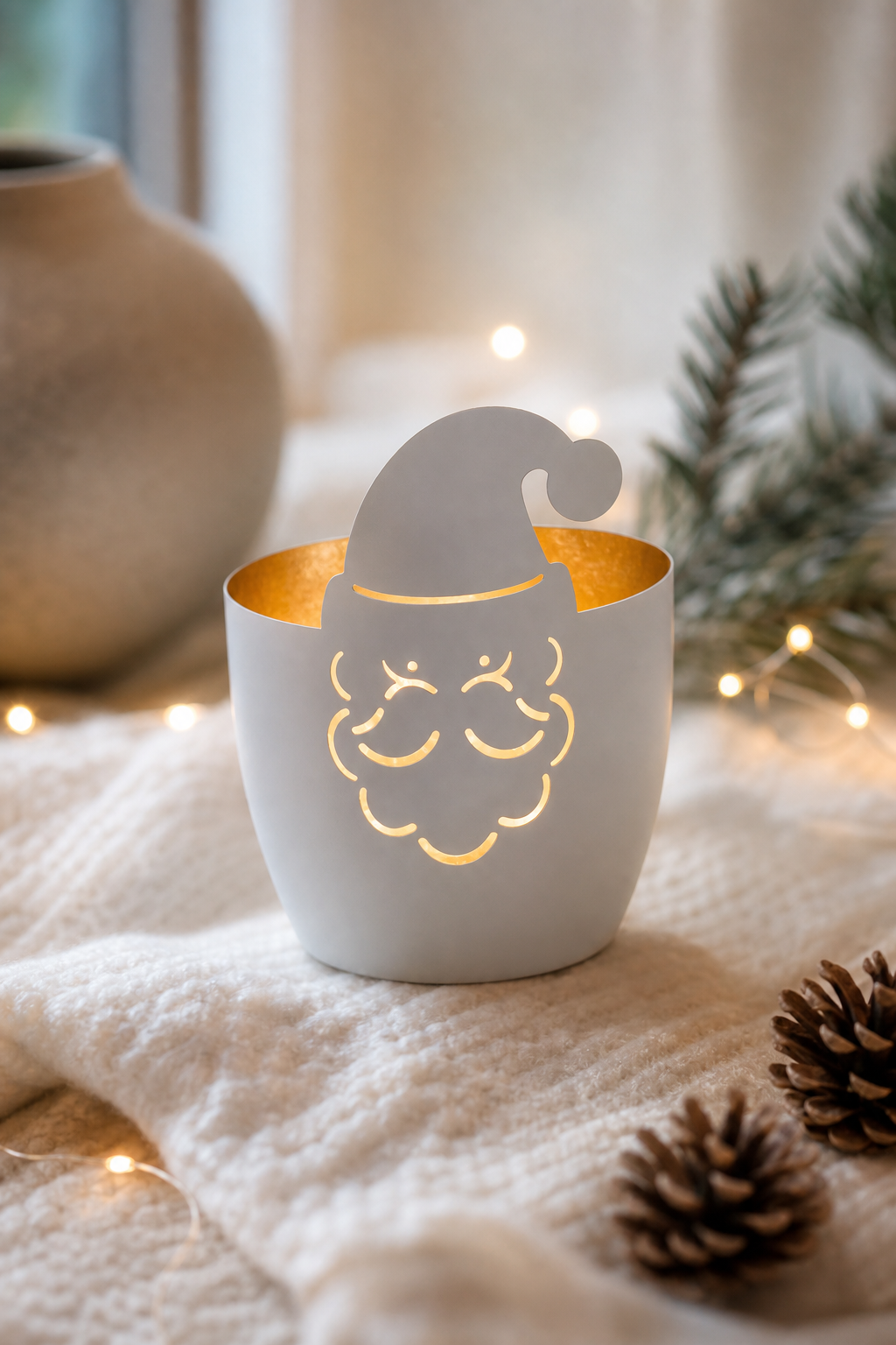Madras Windlicht Weihnachtsmann weiß/gold in einer stimmungsvollen Anwendungsszene