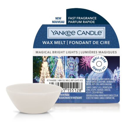 Yankee Candle Wax Melt Magical Bright Lights mit Duftschale vor Verpackung