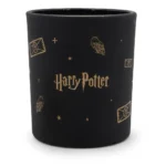 Schwarze Kerze mit goldenem Harry-Potter-Schriftzug und Eulenmotiven