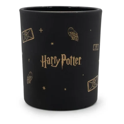 Schwarze Kerze mit goldenem Harry-Potter-Schriftzug und Eulenmotiven