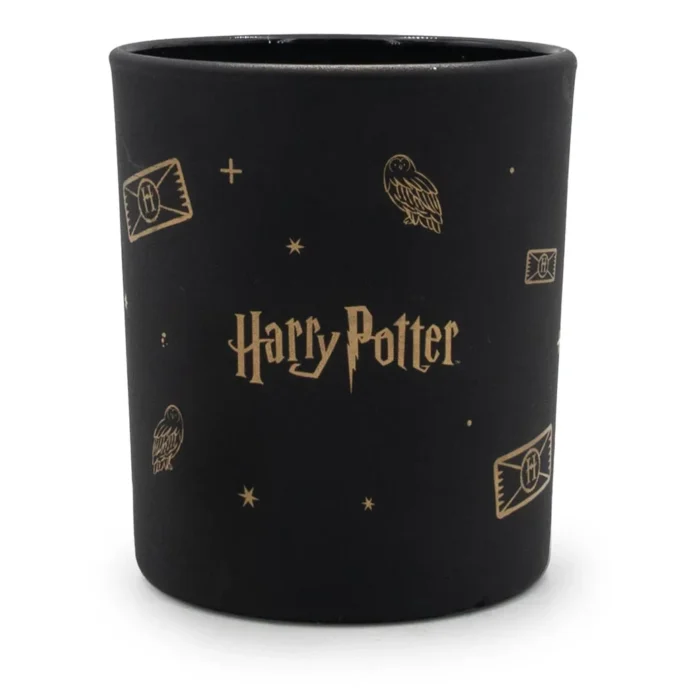 Schwarze Kerze mit goldenem Harry-Potter-Schriftzug und Eulenmotiven