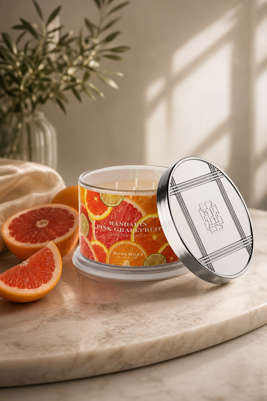 Mandarine Pink Grapefruit 510g (4-Docht) in einer stimmungsvollen Anwendungsszene