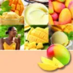 Collage mit Mango, Eiscreme, Vanille und Mango-Würfeln